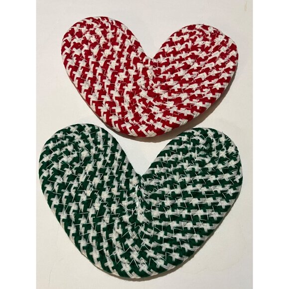 Woven Heart-Shaped Hot Pads Set Of 2 Red & Green Handmade Acrylic 100% - Picture 1 of 5